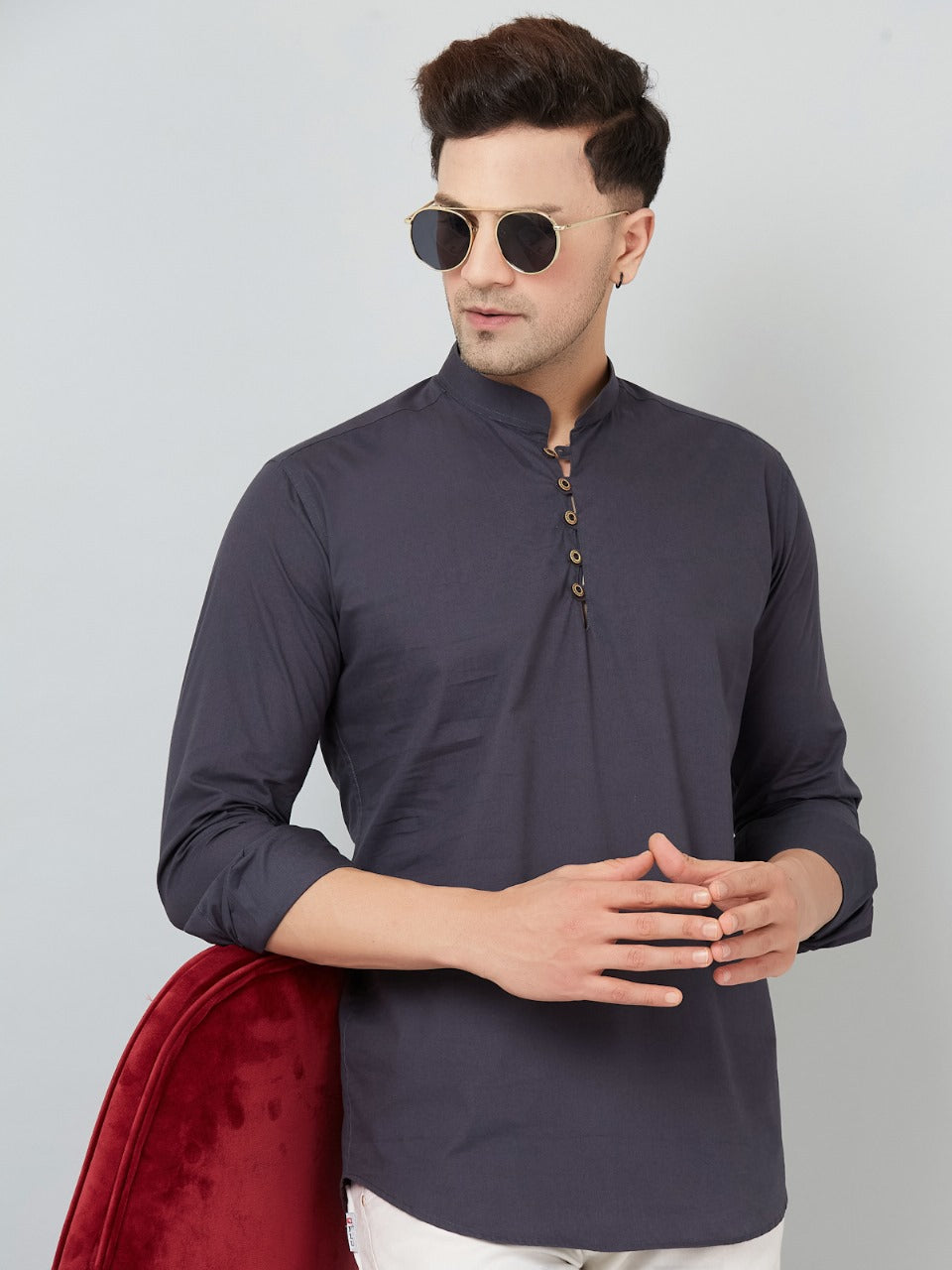 Louis Monarch Men Solid Grey Pure Cotton Straight Short Kurta